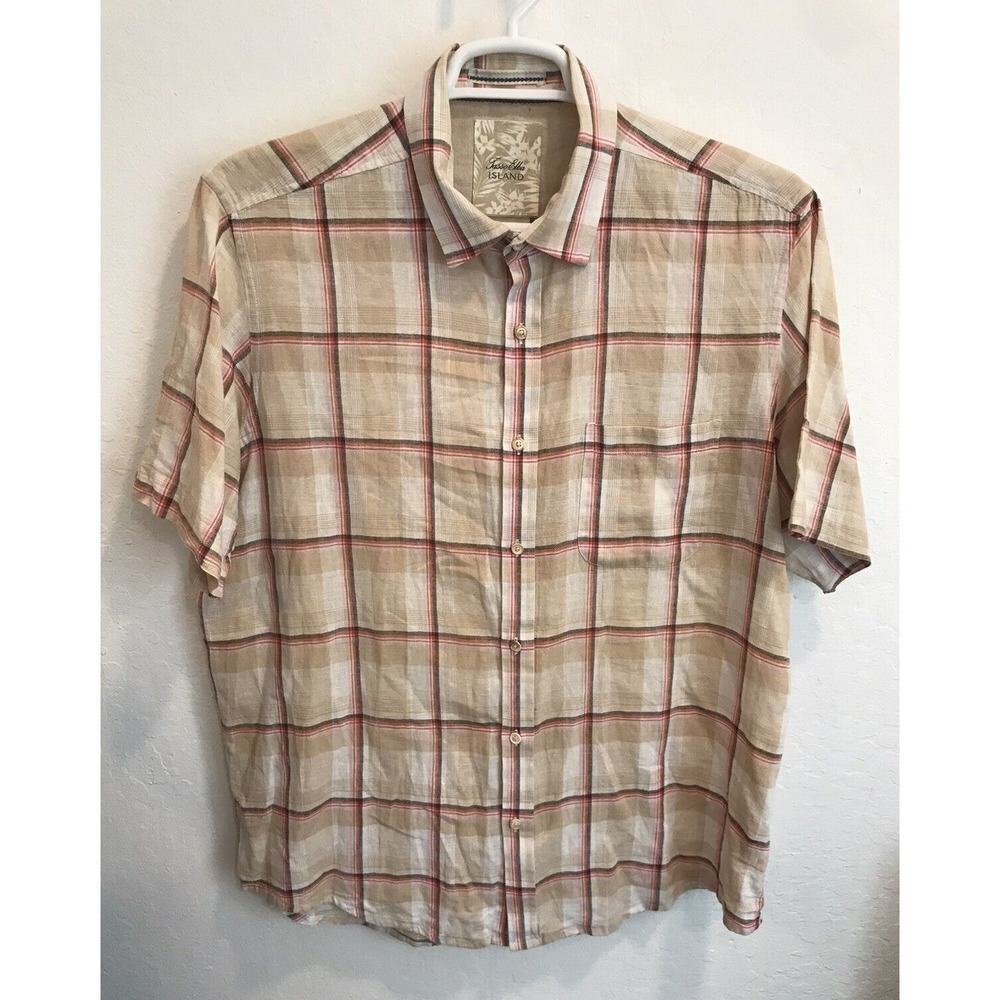 Tasso Elba Island Mens Shirt Camp Linen Plaid Button Front Short Sleeves Sz XL